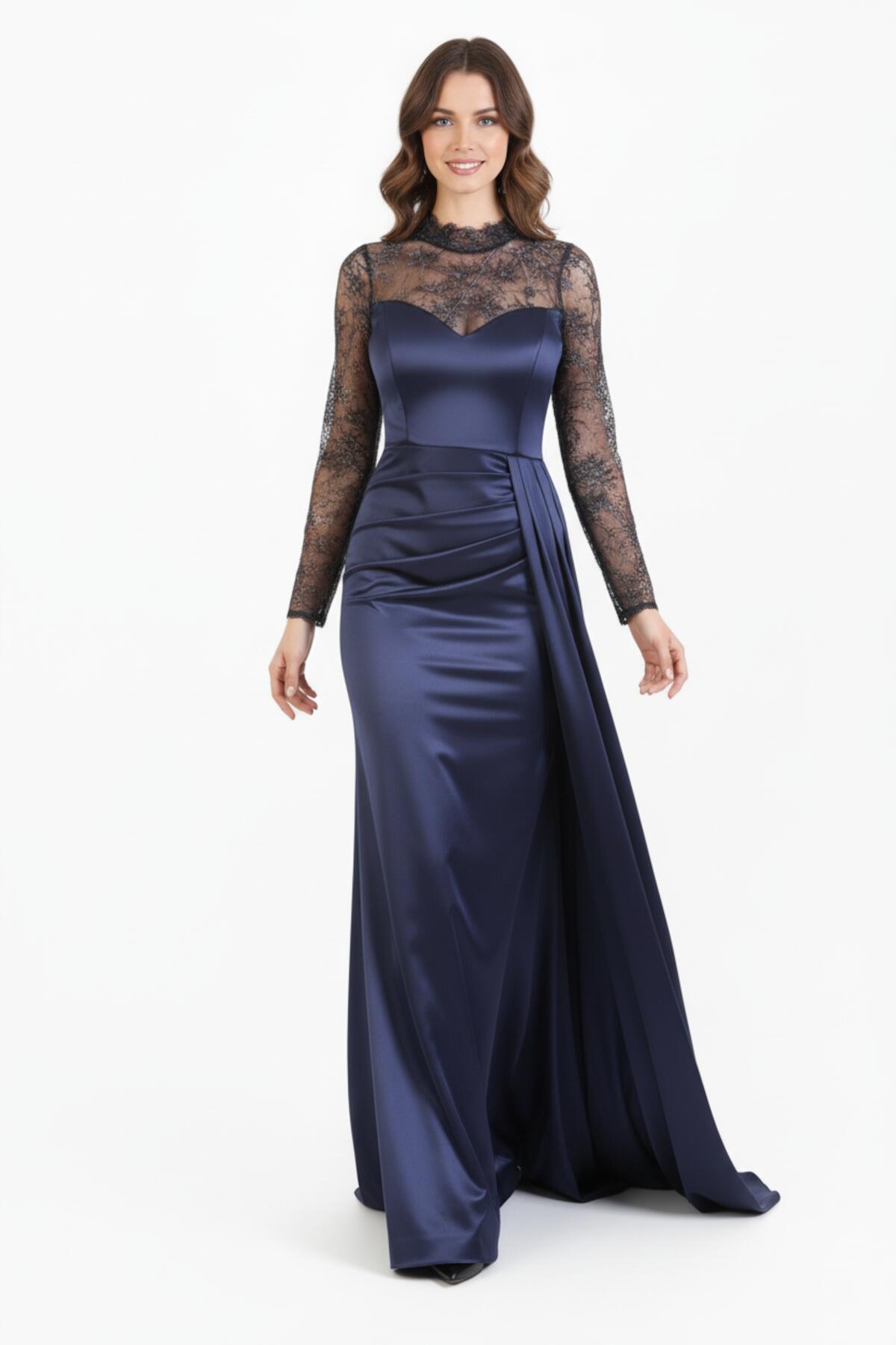 Satin Long Evening Dress With Lace Sleeves — Navy