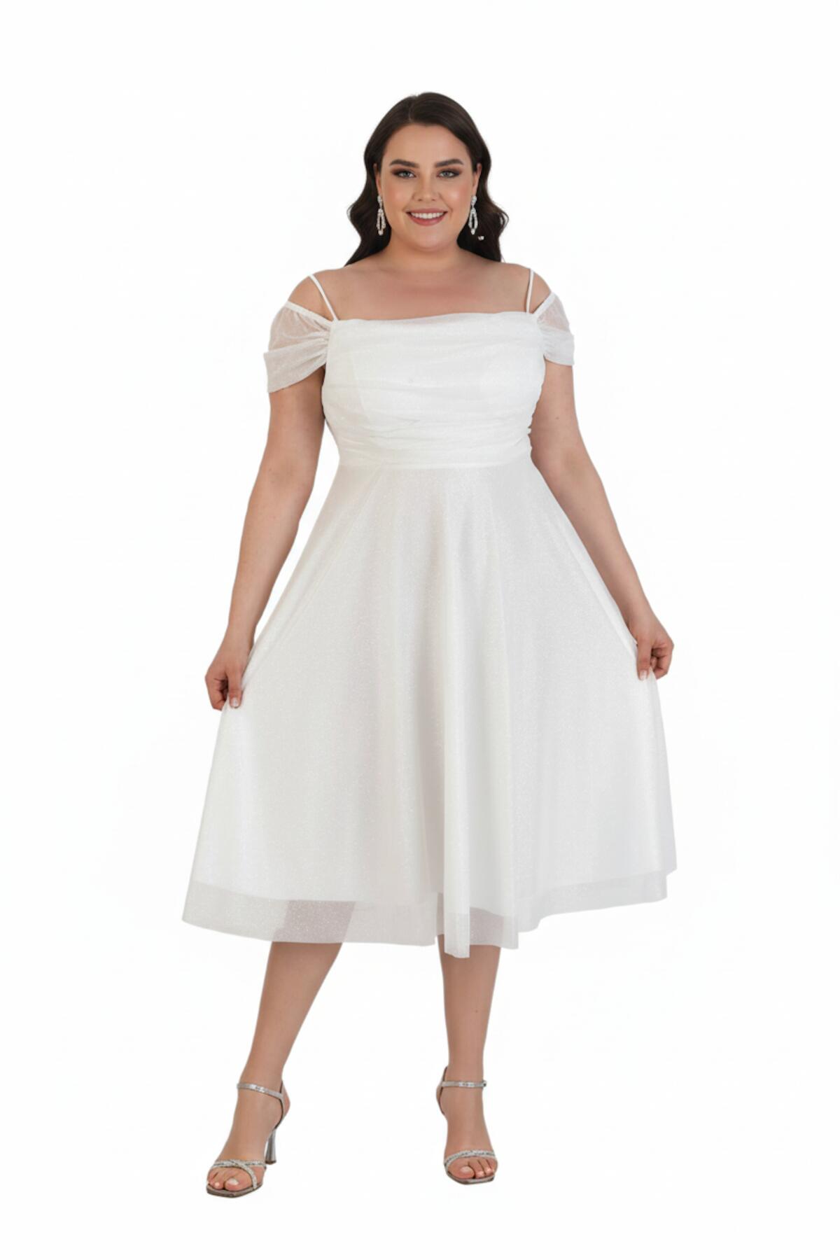 Plus - Size Off - Shoulder Midi Dress, White