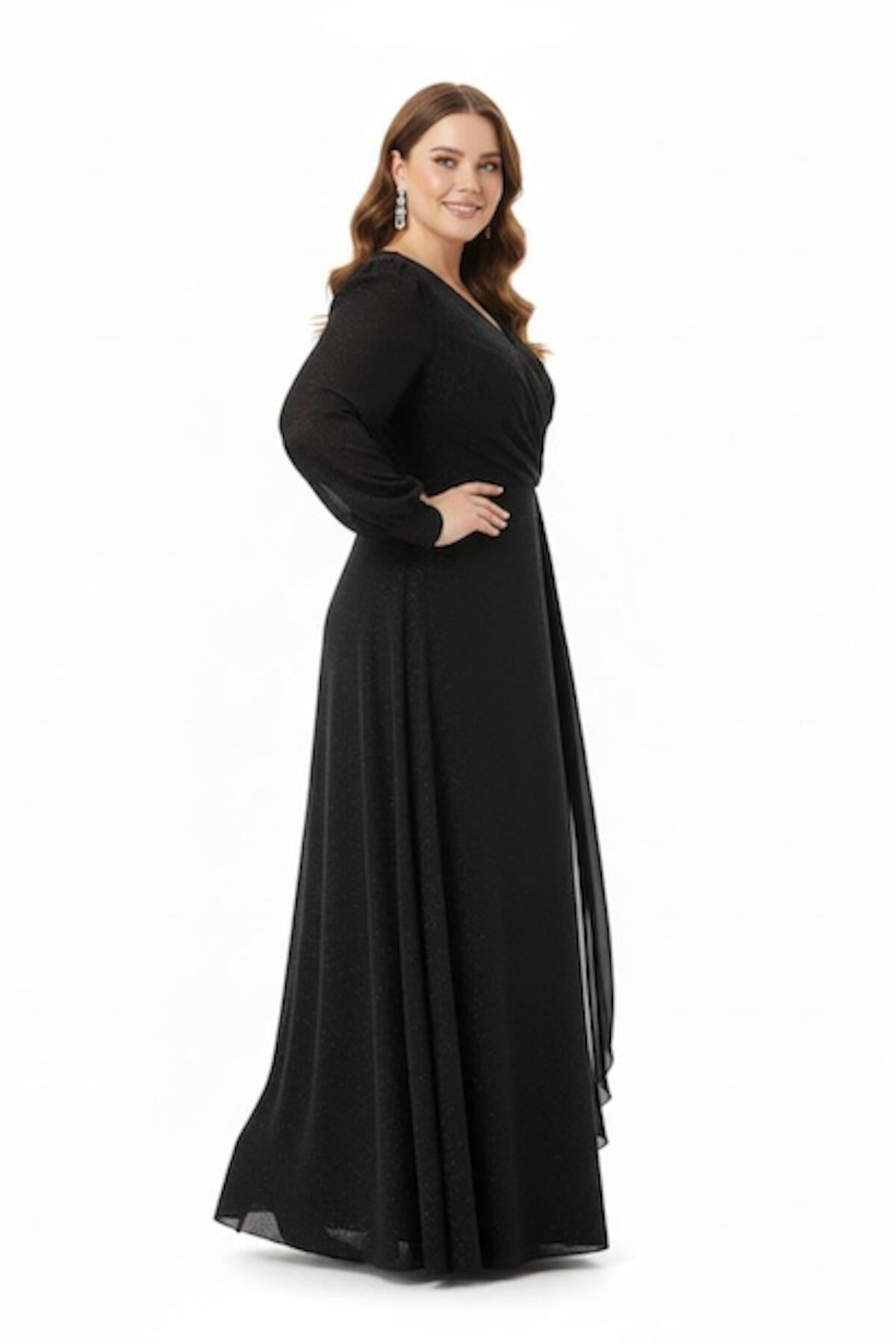 Plus - Size Chiffon Overlay Evening Dress With Waist Detail — Black