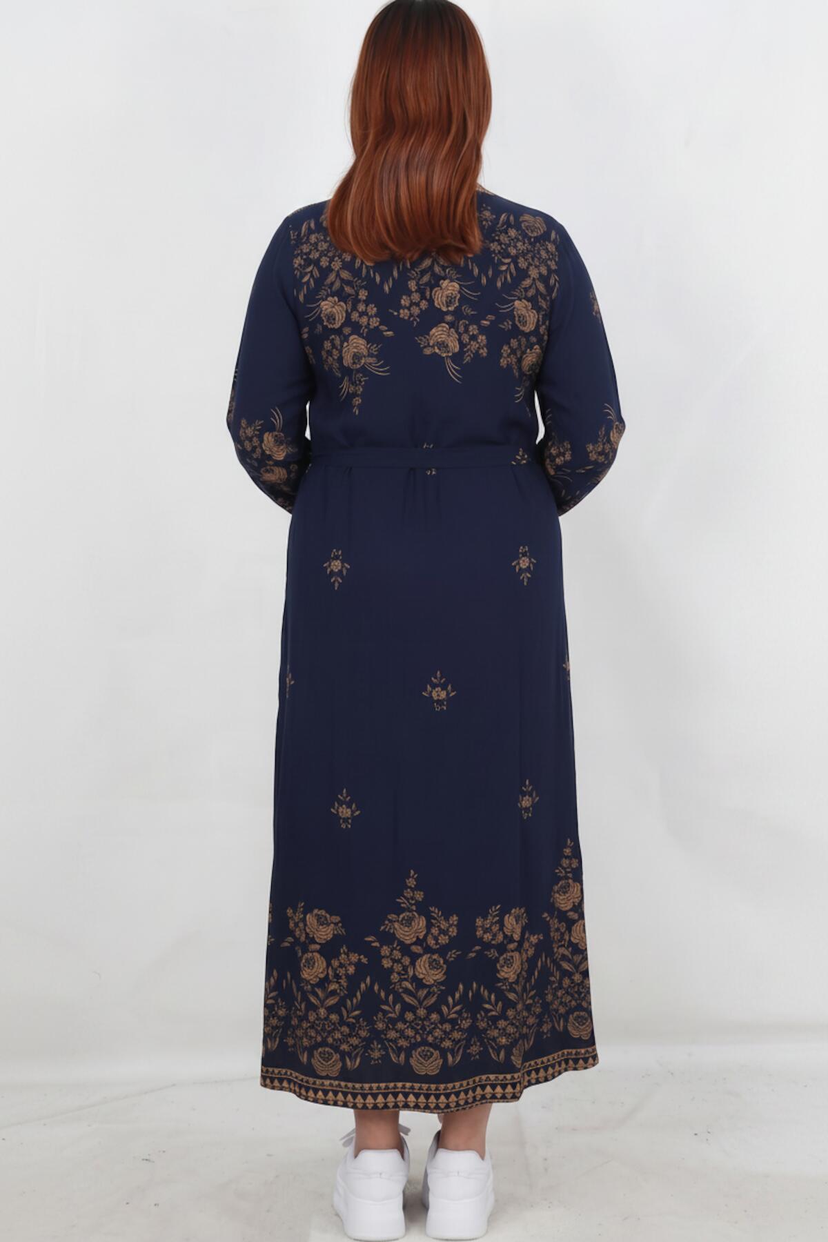 Plus‑Size Woven Dress With Botanical Pattern — Navy