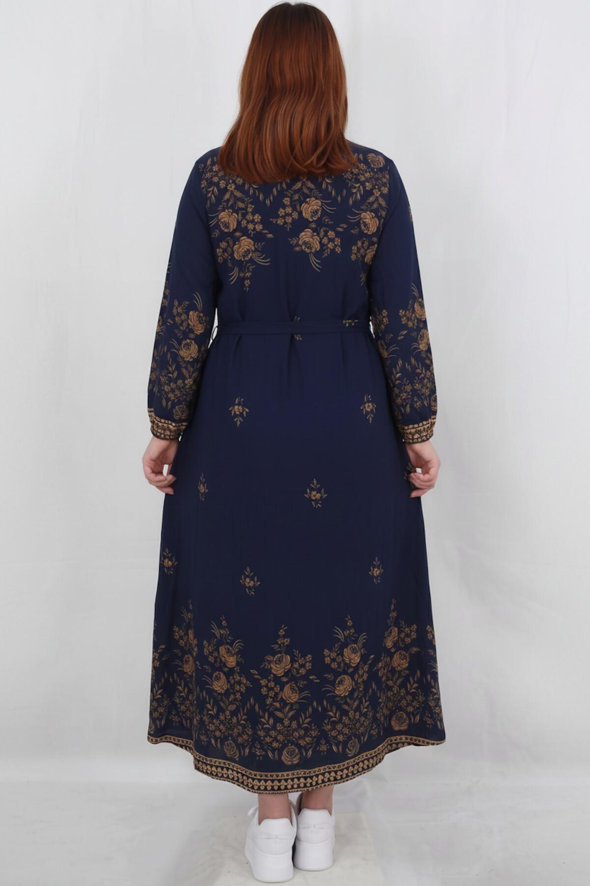 Plus‑Size Woven Dress With Botanical Pattern — Navy