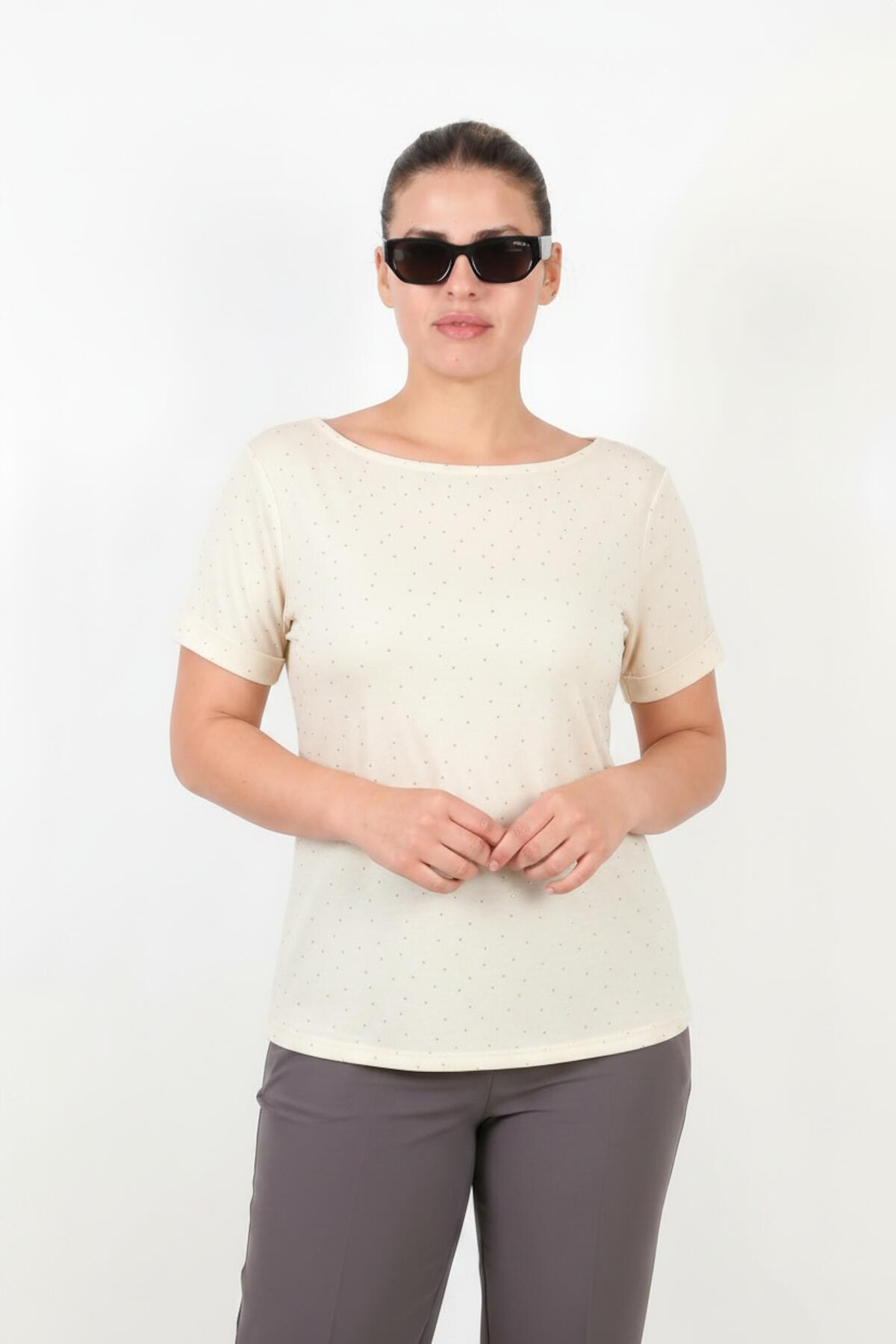Plus - Size Boat - Neck Blouse With Mini Silver Stones — Off - White