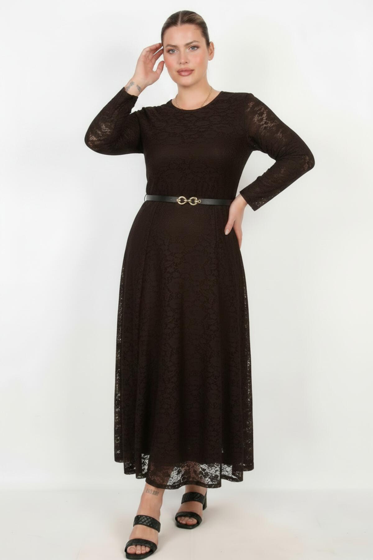 Brown Lace Long - Sleeve Dress — Plus Size