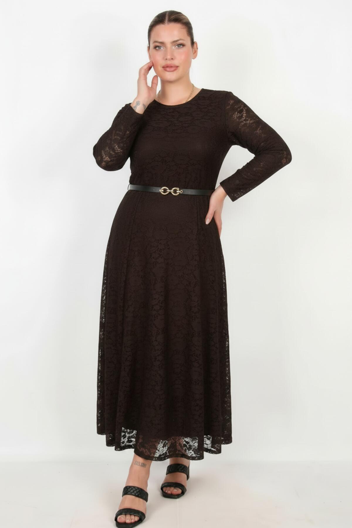 Brown Lace Long - Sleeve Dress — Plus Size