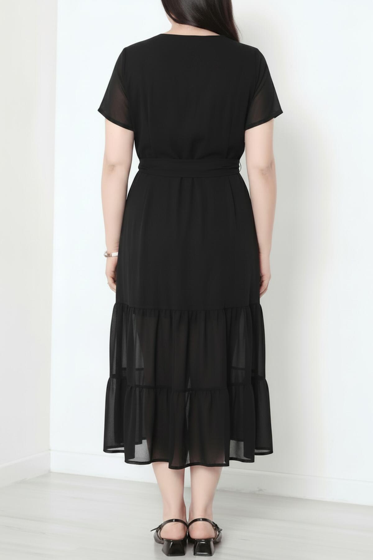 Plus‑Size V‑Neck Long Dress With Tulle Hem, Black