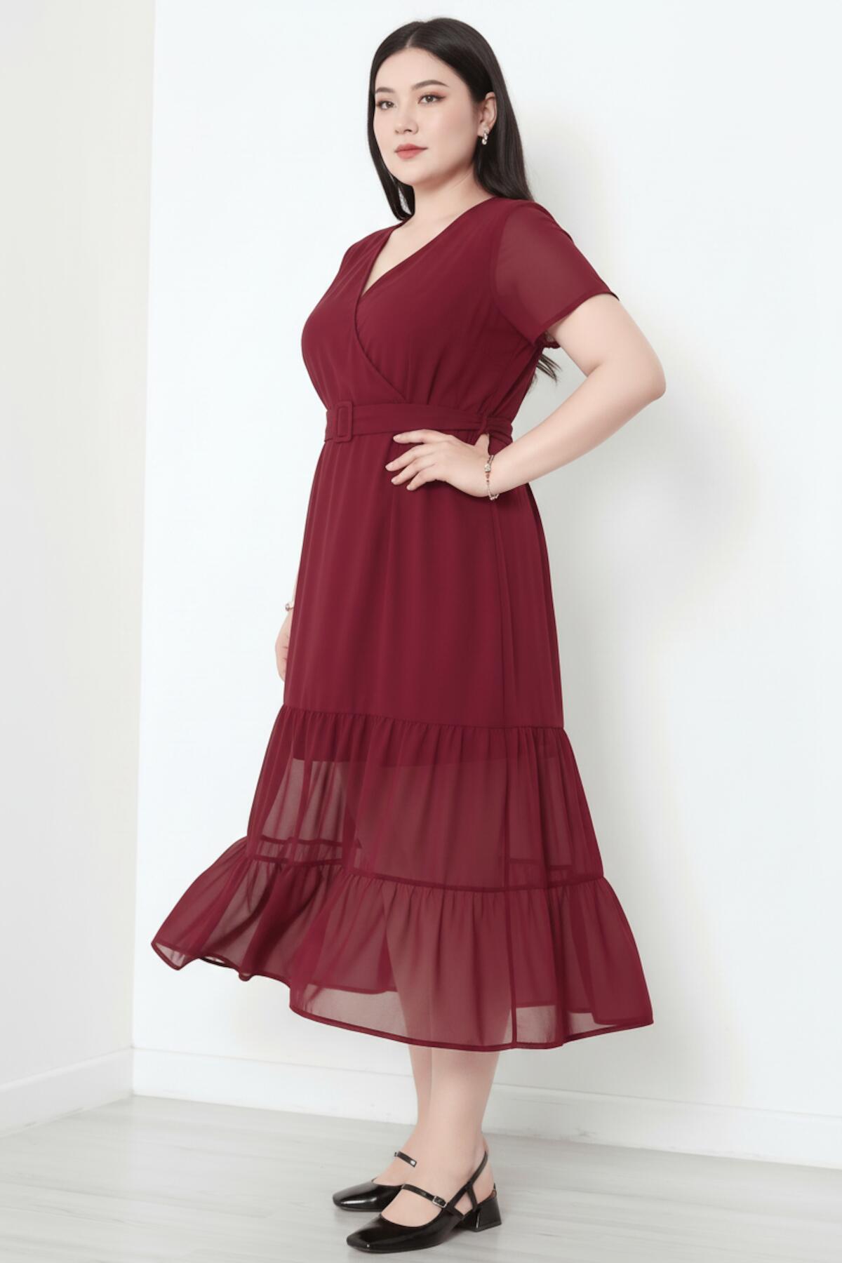 Plus - Size V - Neck Long Dress With Layered Tulle Hem — Burgundy