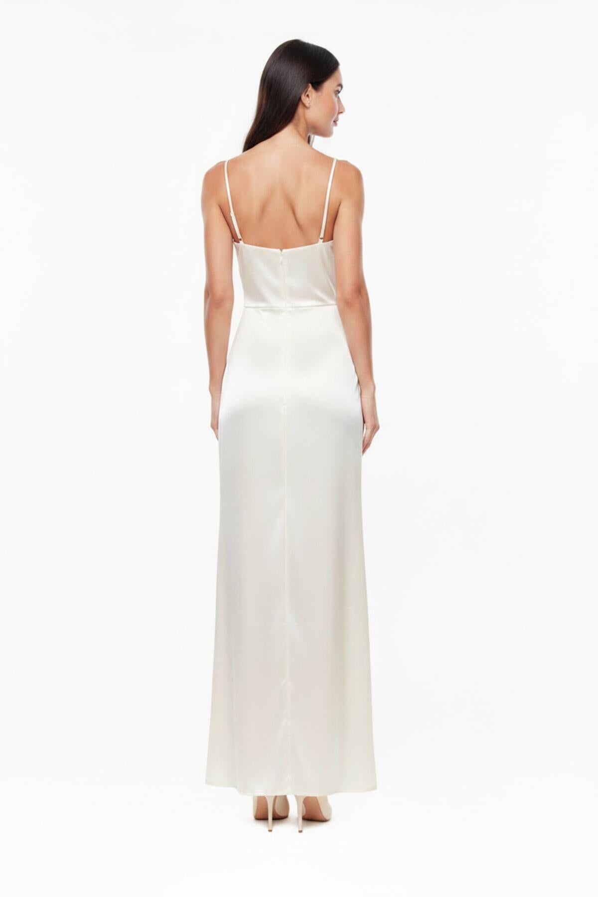 Pleated Sleeveless Long Evening Dress — Off - White