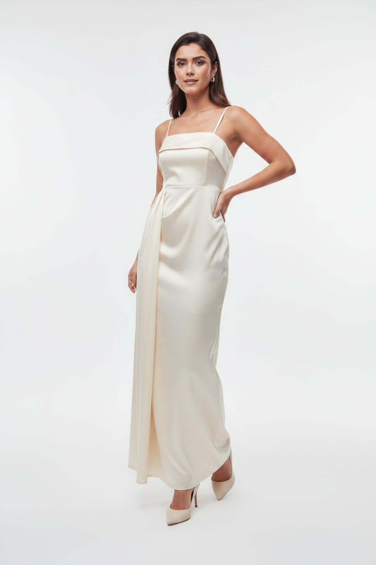 Pleated Sleeveless Long Evening Dress — Off - White