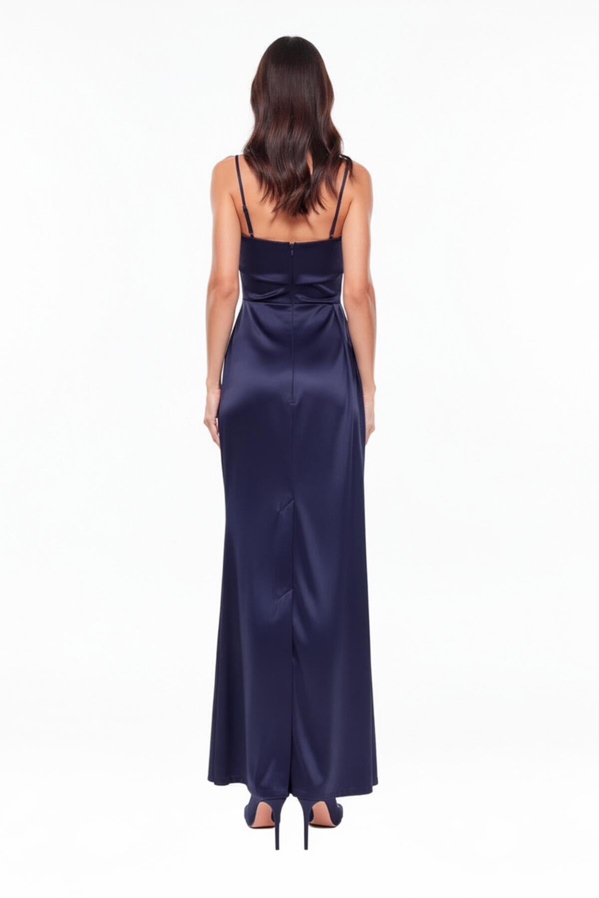 Pleated Sleeveless Long Evening Dress — Navy