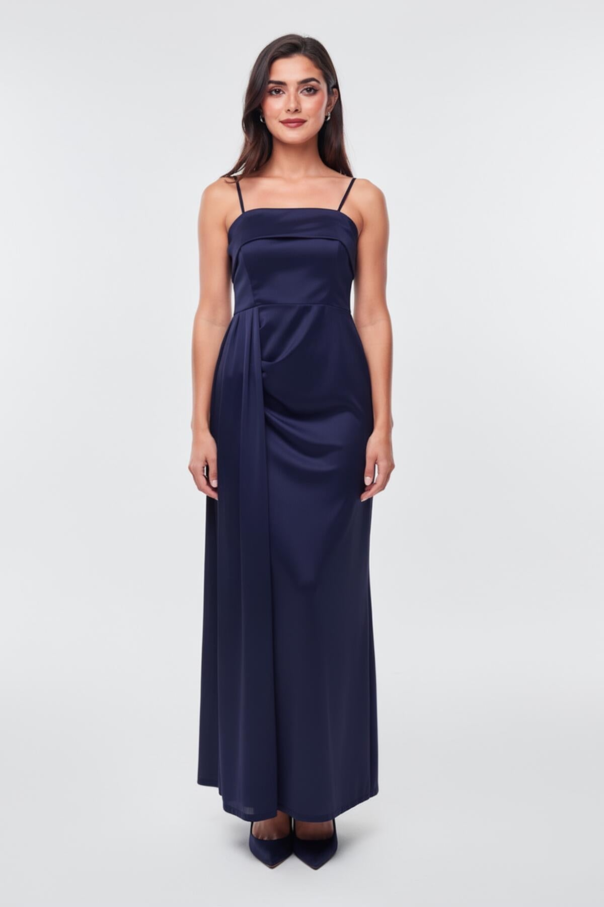 Pleated Sleeveless Long Evening Dress — Navy