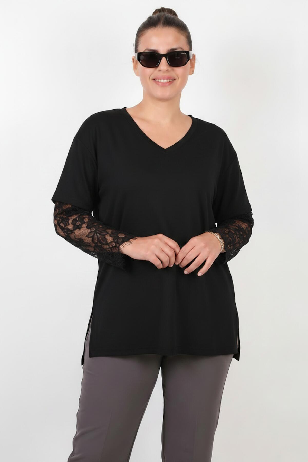 Plus - Size Lace - Sleeve Blouse — Black