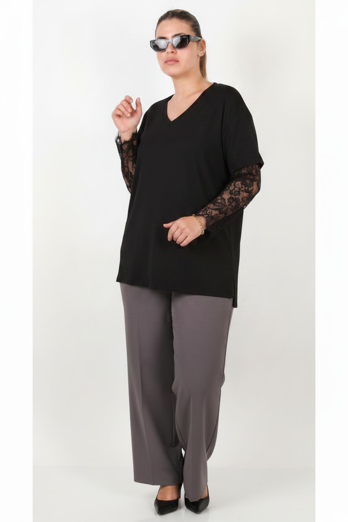 Plus - Size Lace - Sleeve Blouse — Black