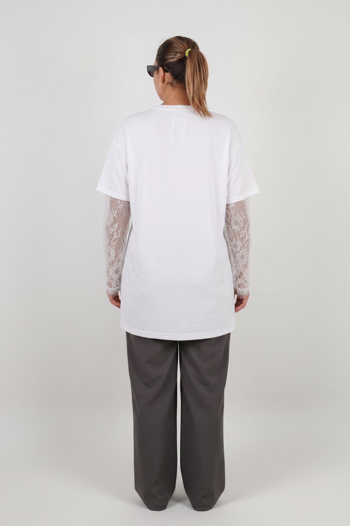 Plus - Size V - Neck Blouse With Lace Sleeves — White
