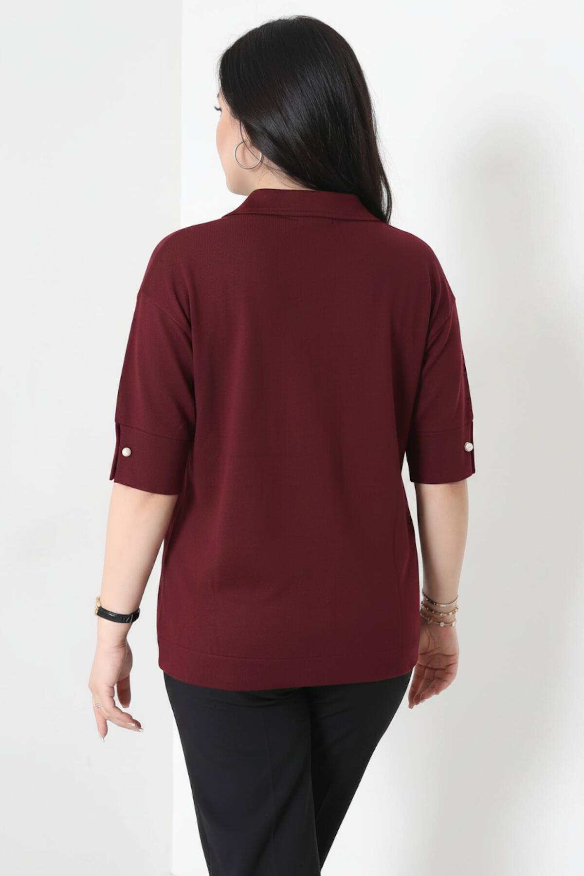 Plus - Size Blouse With Pearl Collar — Burgundy