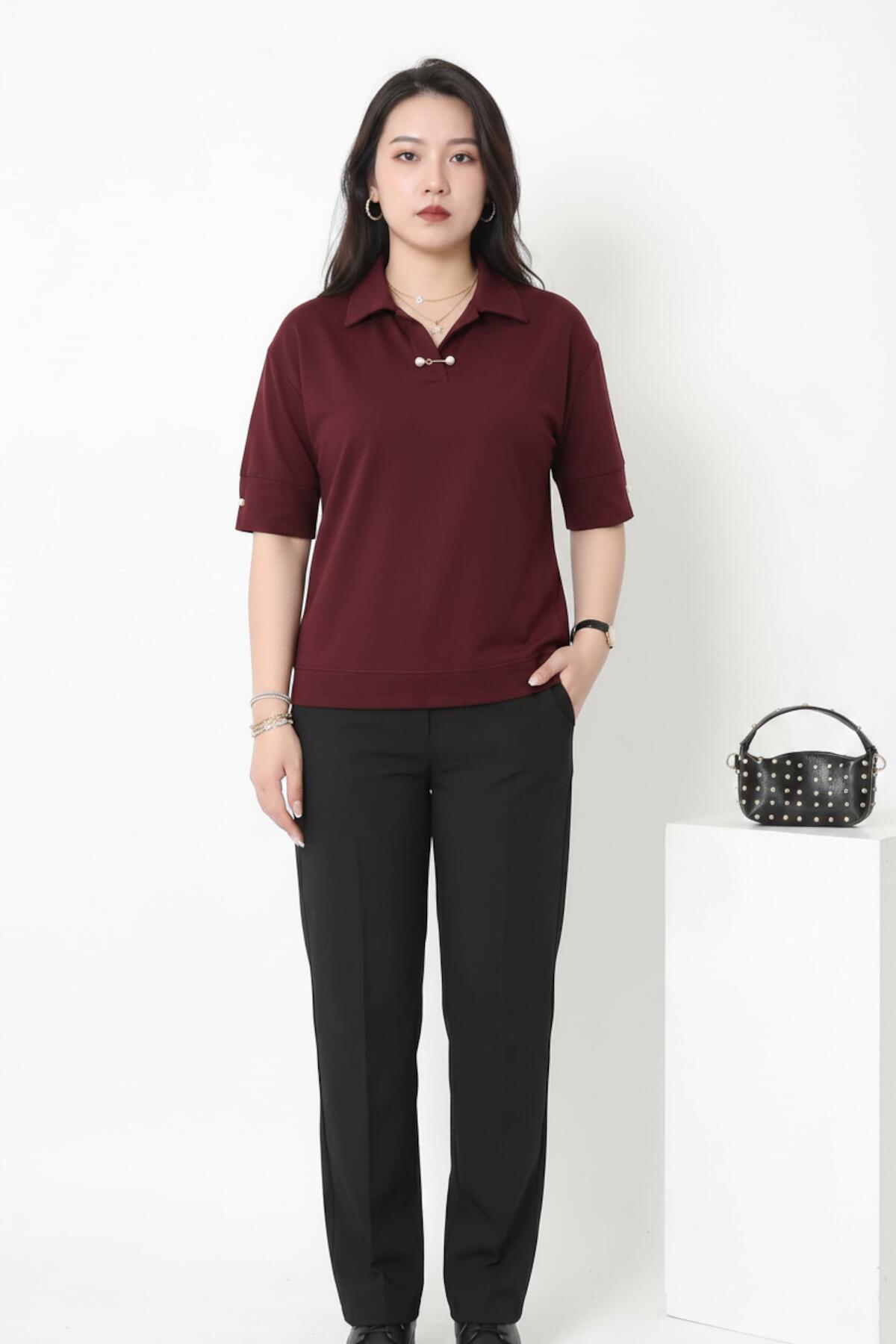 Plus - Size Blouse With Pearl Collar — Burgundy