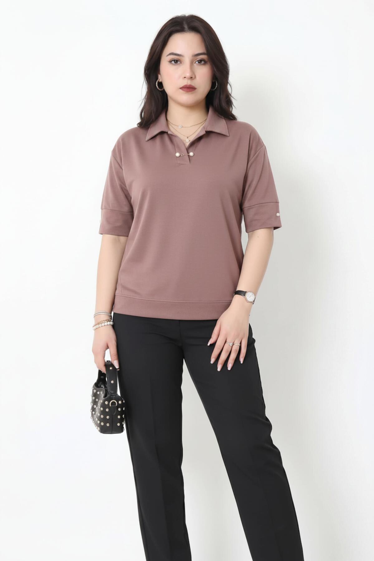 Plus - Size Pearl - Collar Blouse — Taupe