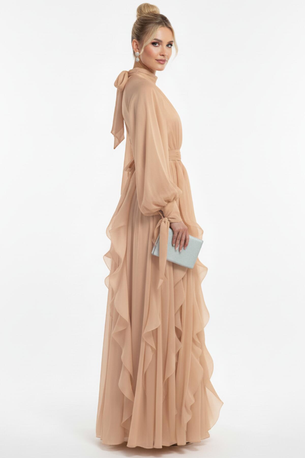 Bouclé Long - Sleeve Evening Dress — Beige
