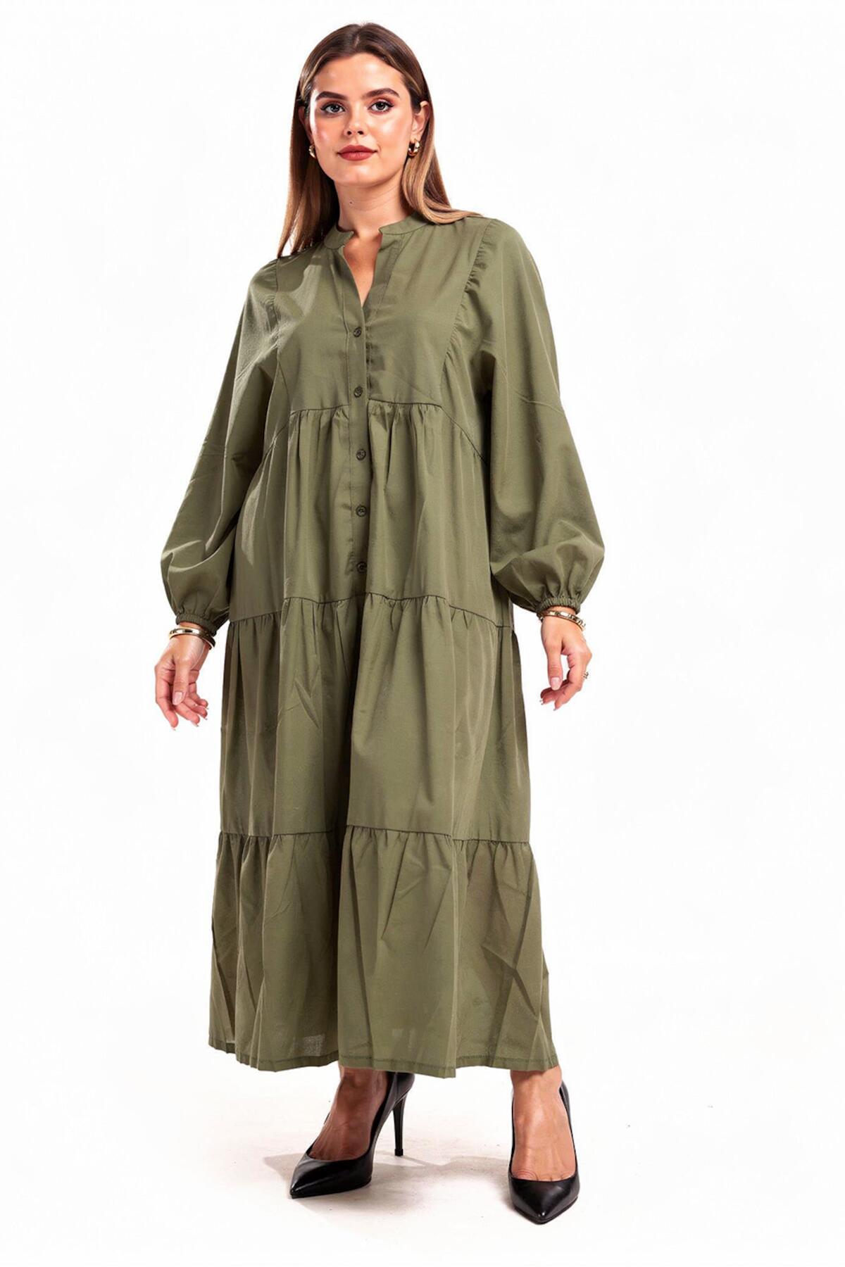 Plus - Size Button - Through Long Dress — Khaki
