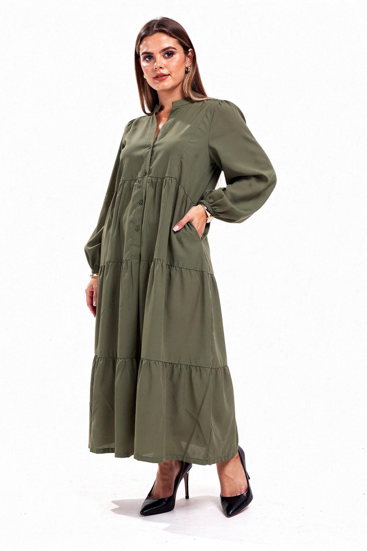 Plus - Size Button - Through Long Dress — Khaki