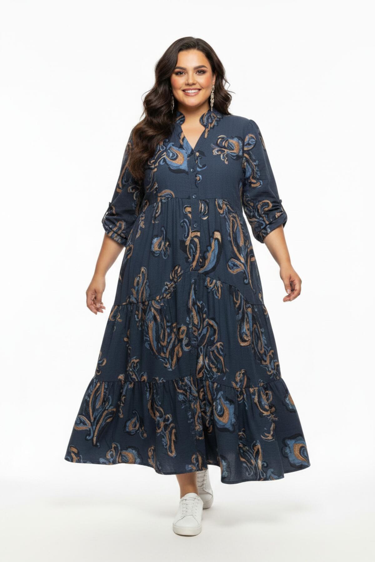 Plus - Size Long Dress With Elastic Cuffs — Beige