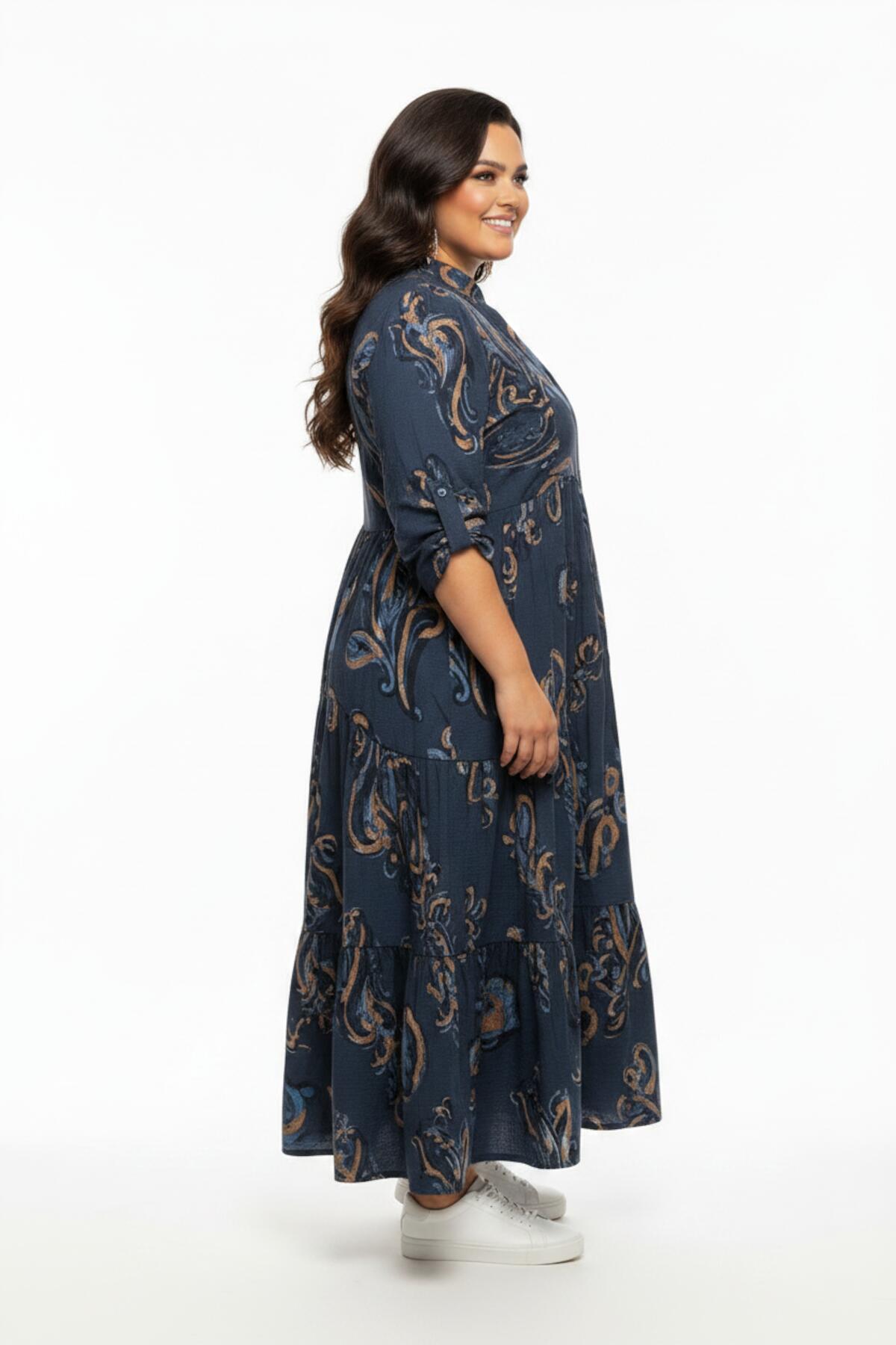 Plus - Size Long Dress With Elastic Cuffs — Beige