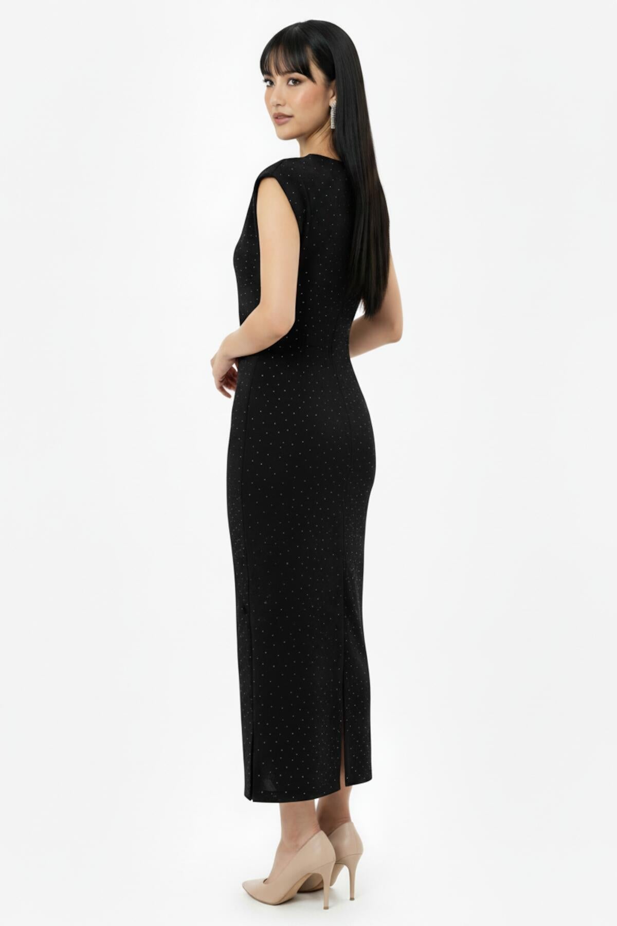 Embellished Gathered‑Waist Dress — Black