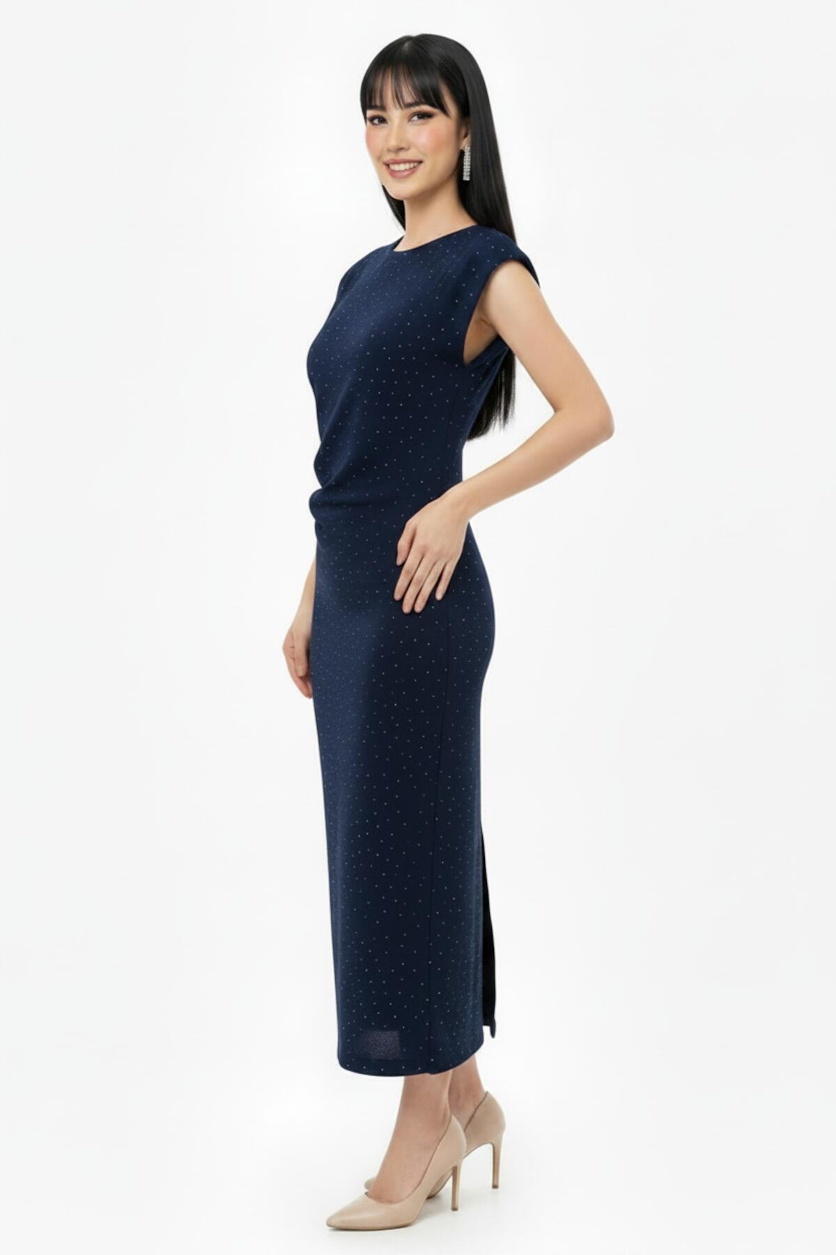 Ruched - Waist Embellished Dress — Navy