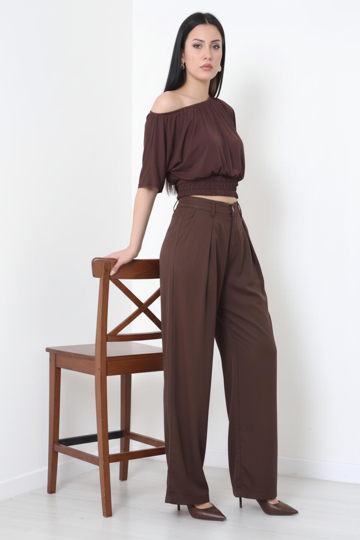 Pleated Tencel Trousers With Elastic Waist — Brown
