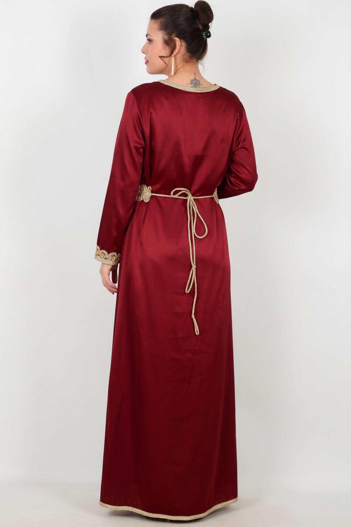 Burgundy Satin Kaftan With Gold Embroidery