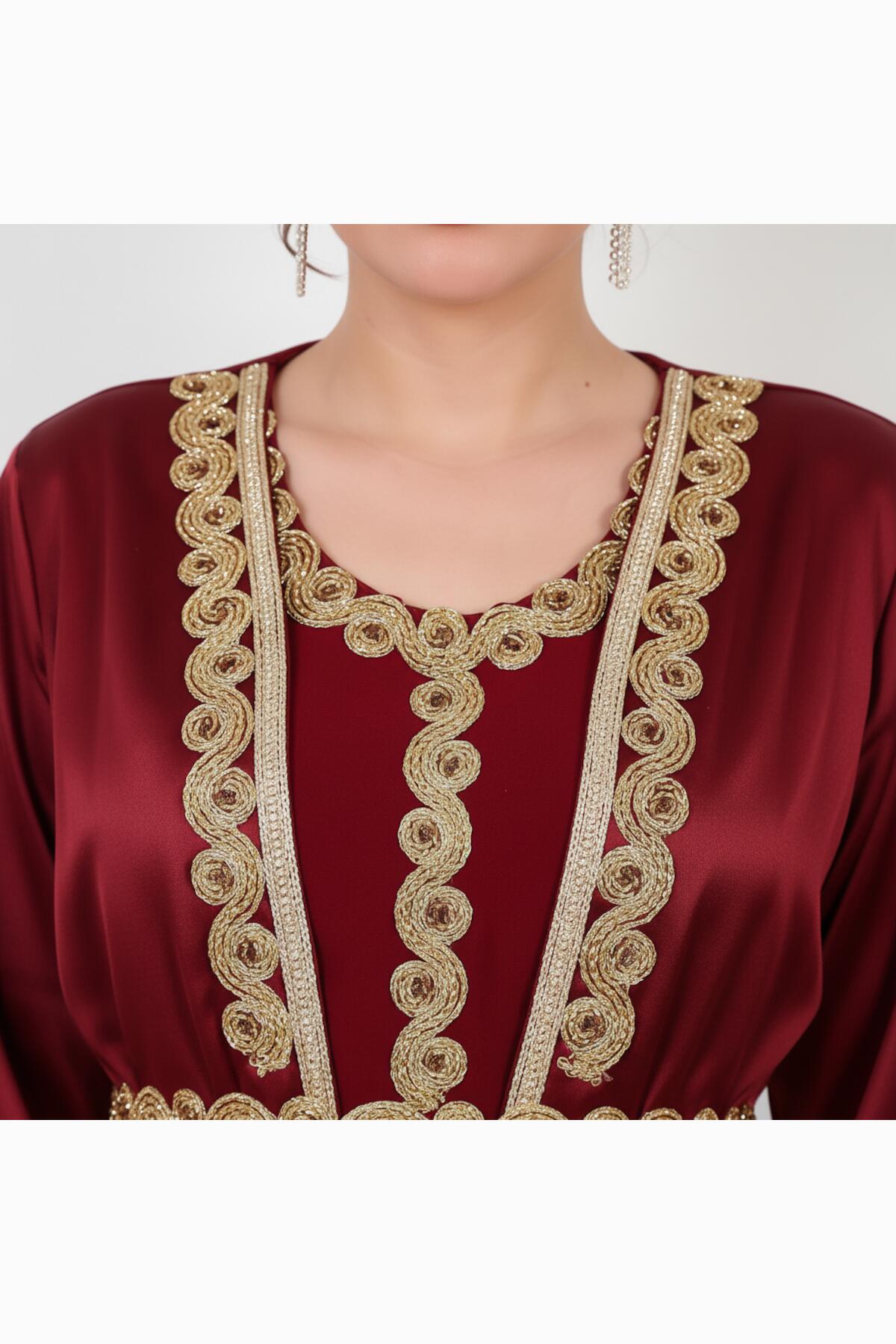 Burgundy Satin Kaftan With Gold Embroidery