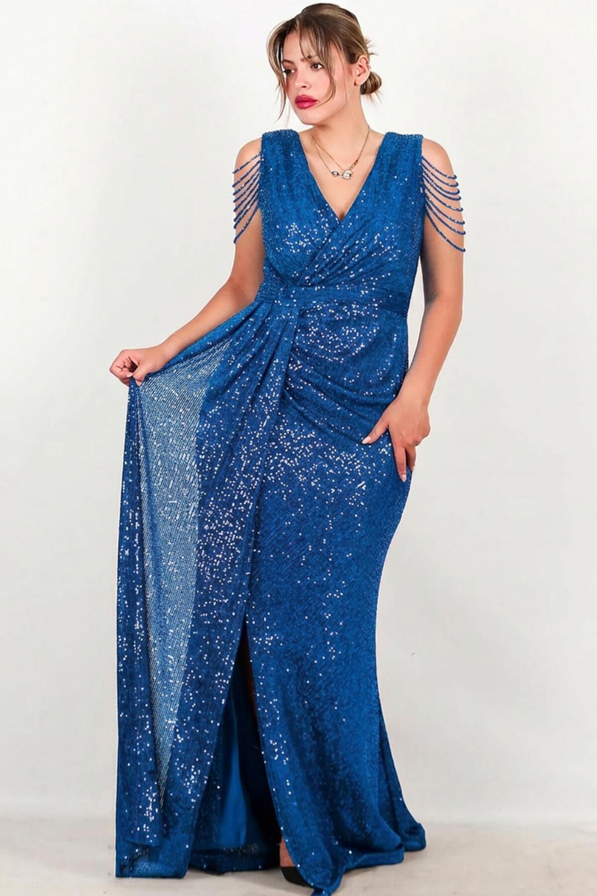 Plus - Size Long Sequin Dress With Shoulder Chain — Blue
