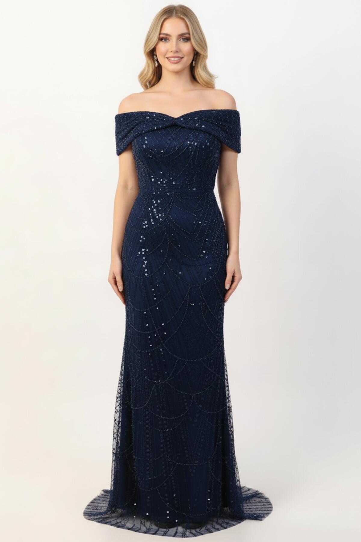 Sequin & Bead Long Gown With Statement Neckline — Navy