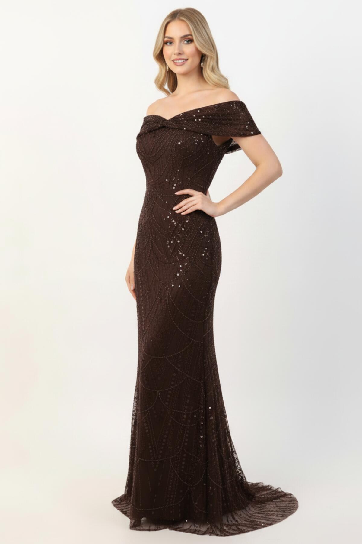 Sequin & Bead Long Gown With Statement Neckline — Brown