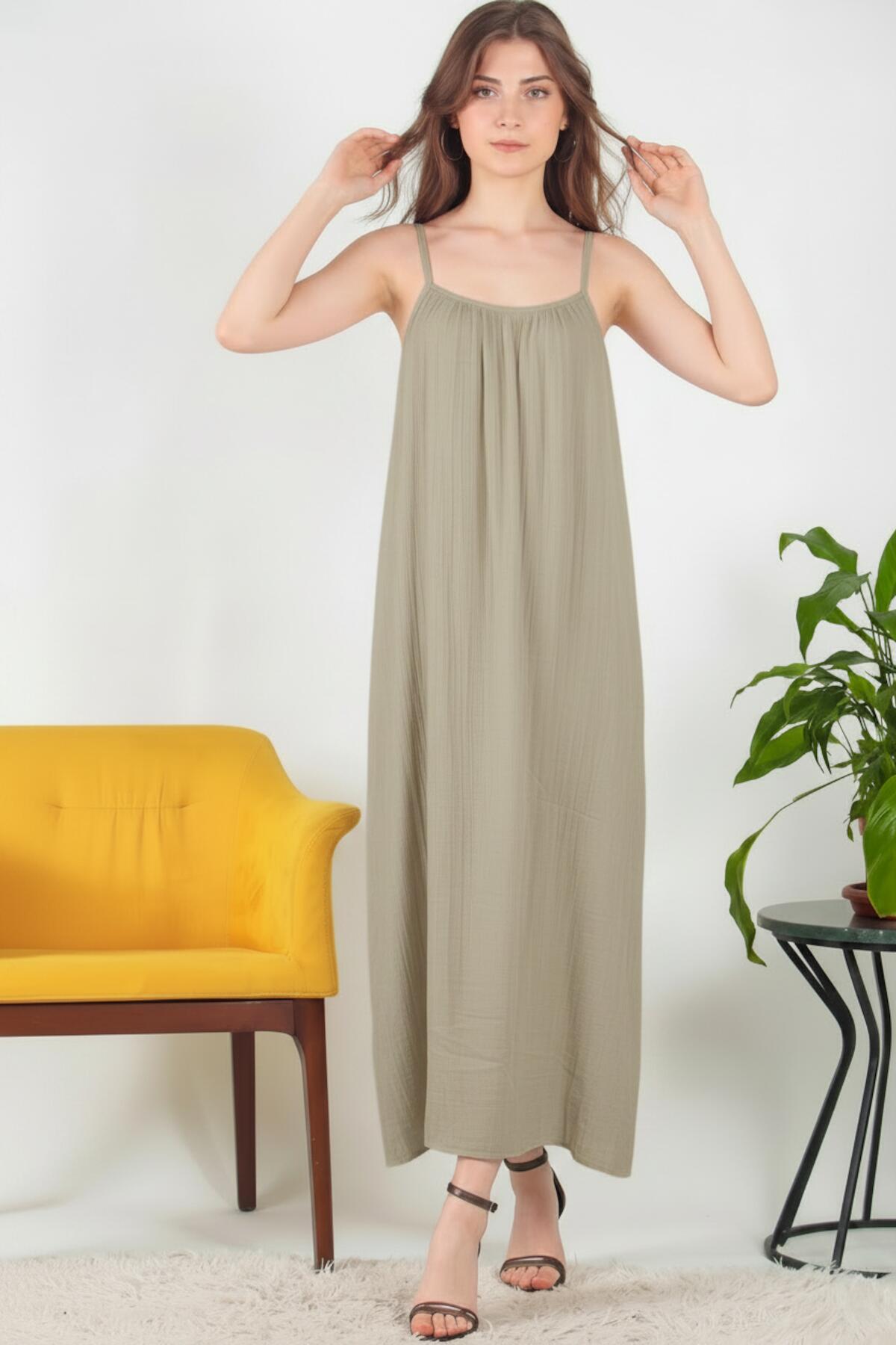 Italian Voile Midi Dress With Spaghetti Straps — Khaki