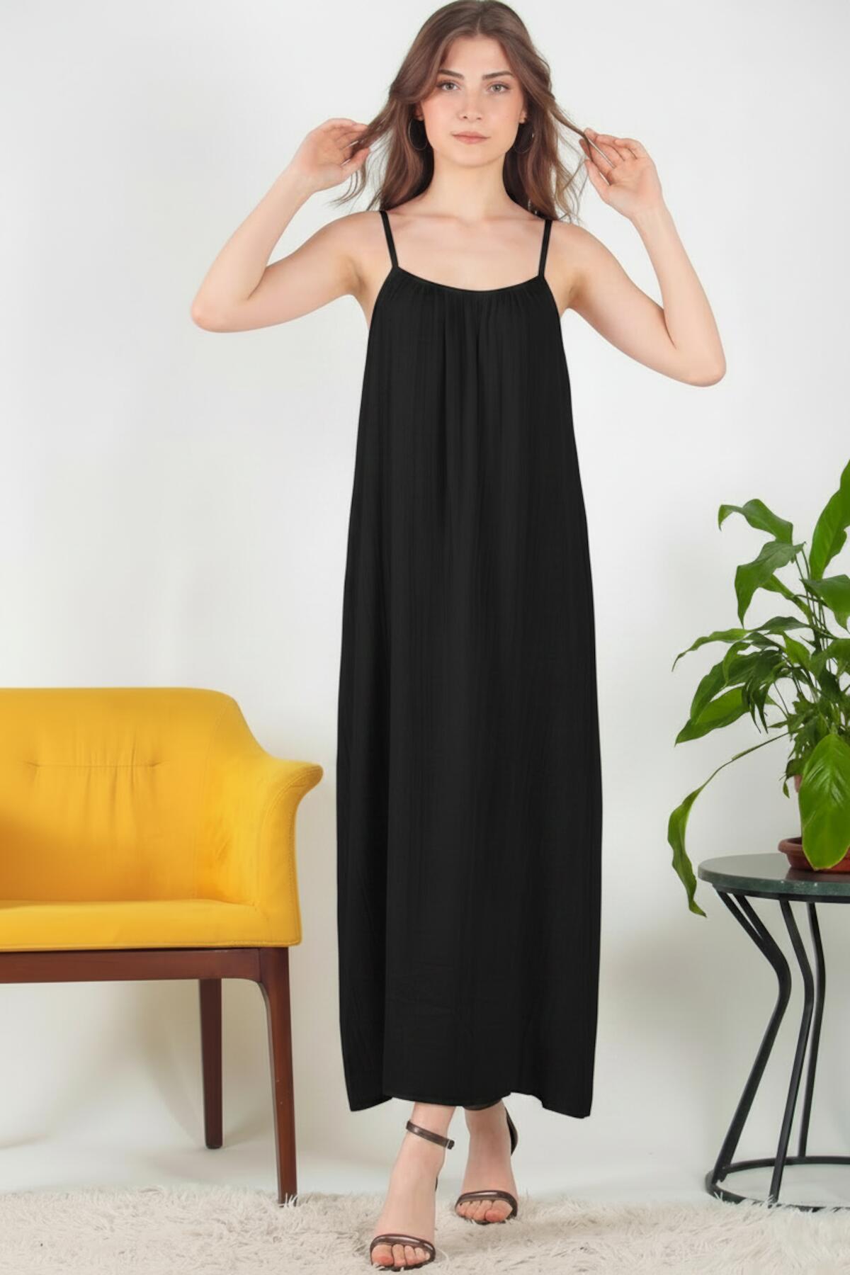 Italian Voile Midi Dress With Thin Straps — Black