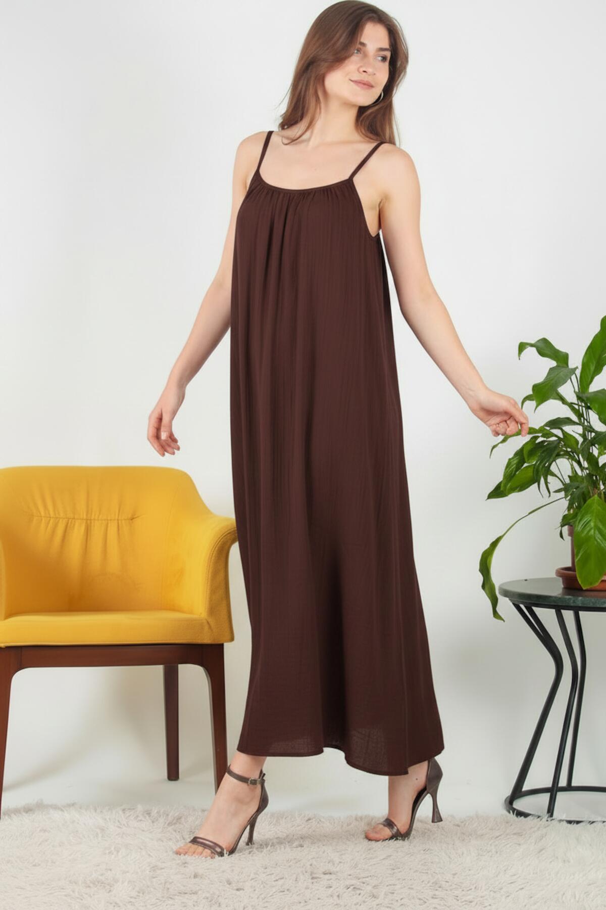 Italian Voile Midi Dress With Thin Straps — Brown