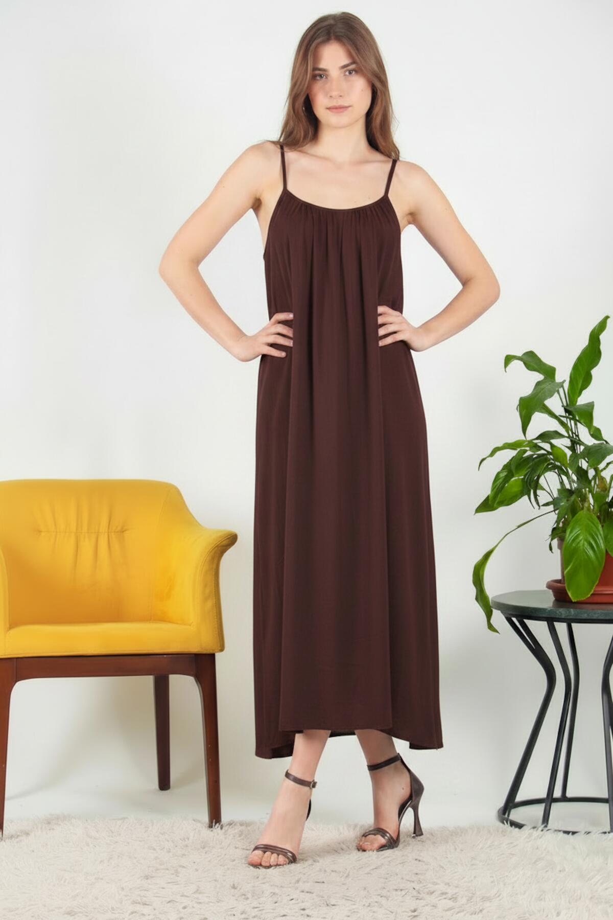 Italian Voile Midi Dress With Thin Straps — Brown