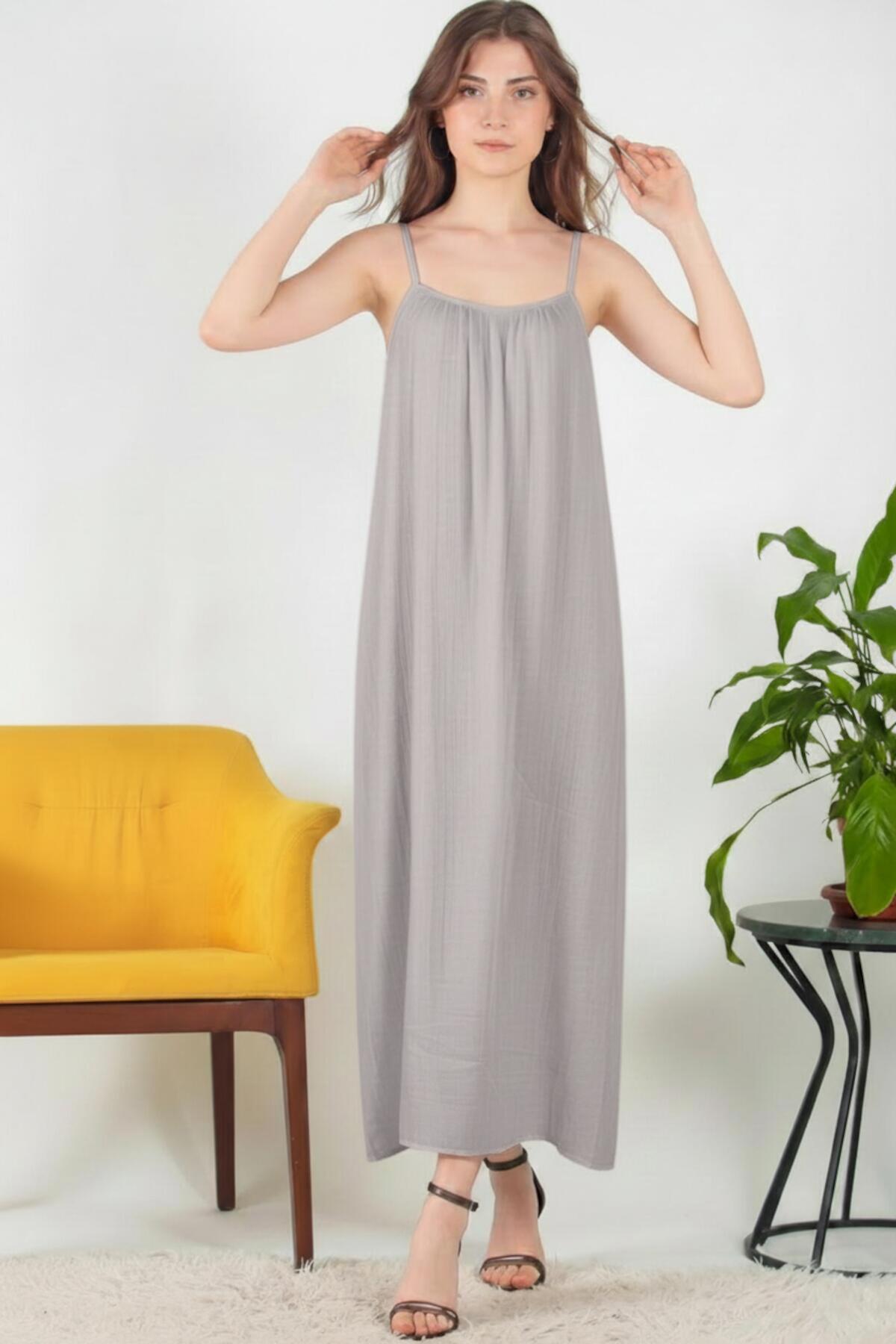 Italian Voile Midi Dress With Thin Straps — Grey