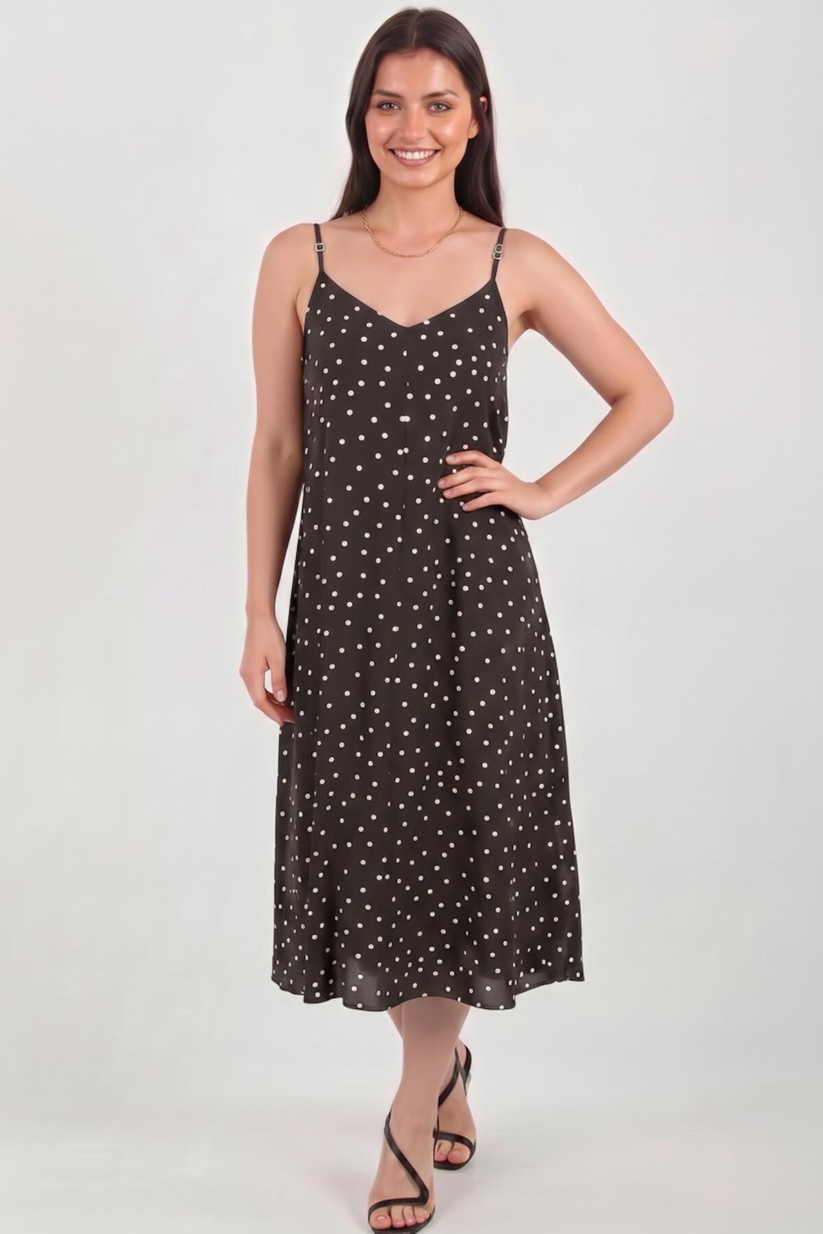 Polka‑Dot Tie‑Strap Dress — Brown