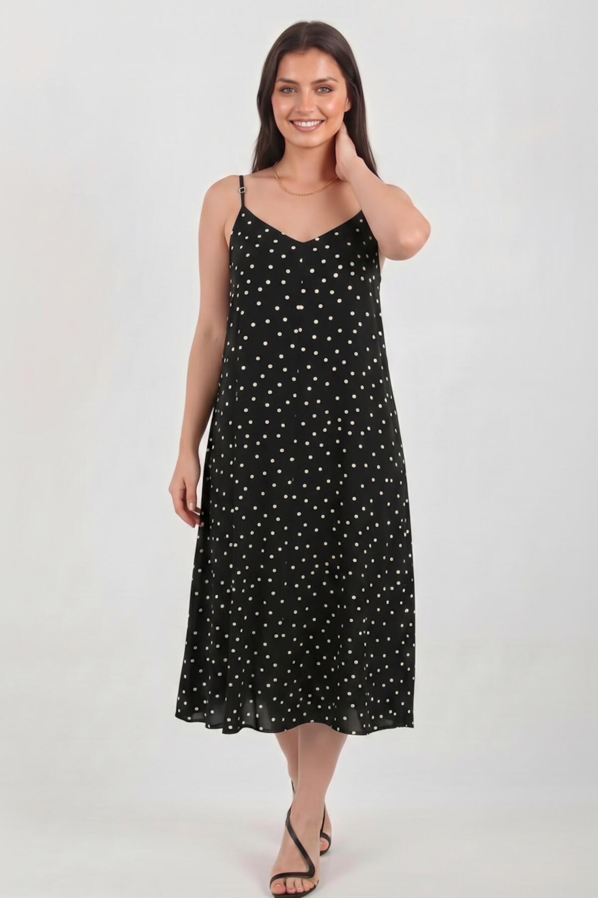 Polka‑Dot Tie‑Strap Dress — Black