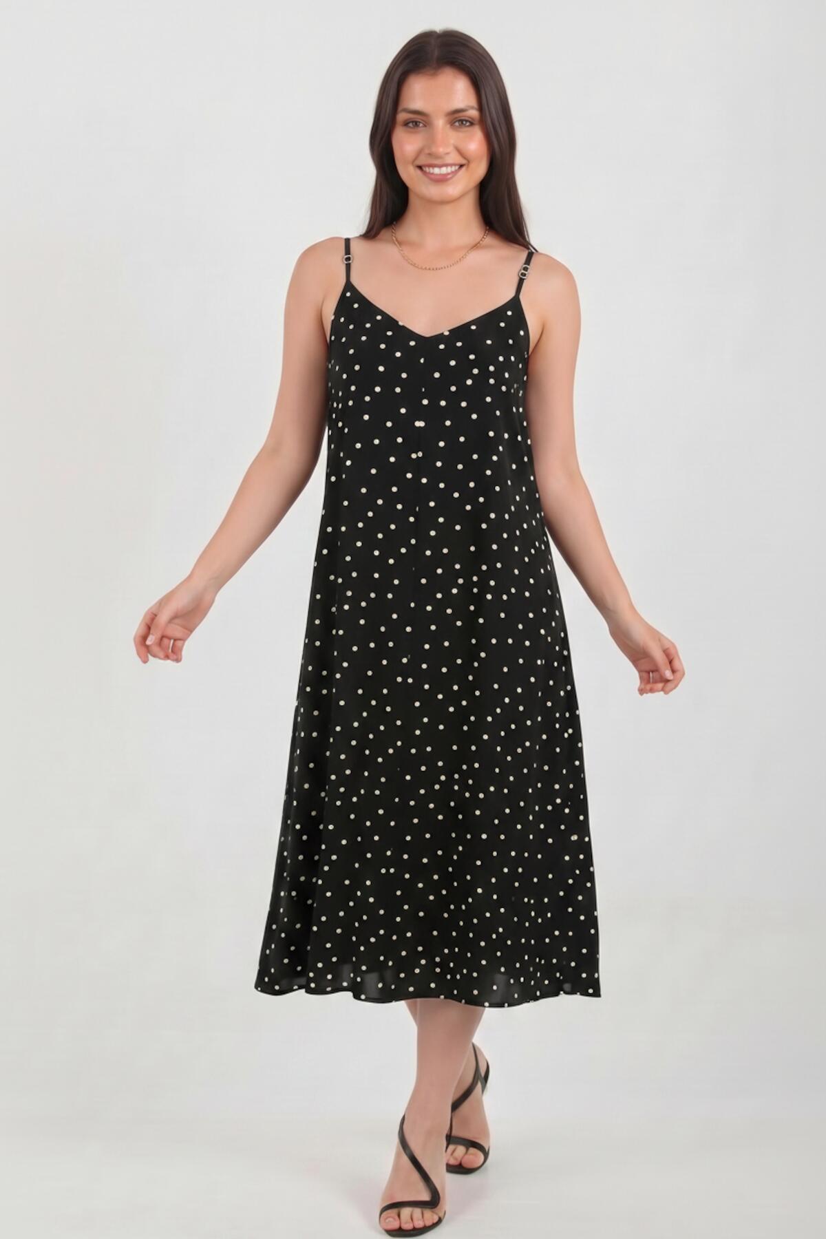 Polka‑Dot Tie‑Strap Dress — Black