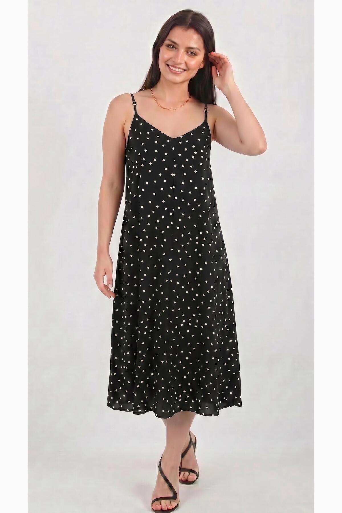 Polka‑Dot Tie‑Strap Dress — Black