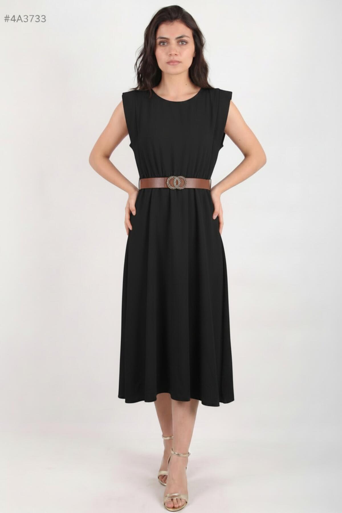 Black Dress With Padded Shoulders And Slim Elastic Waist