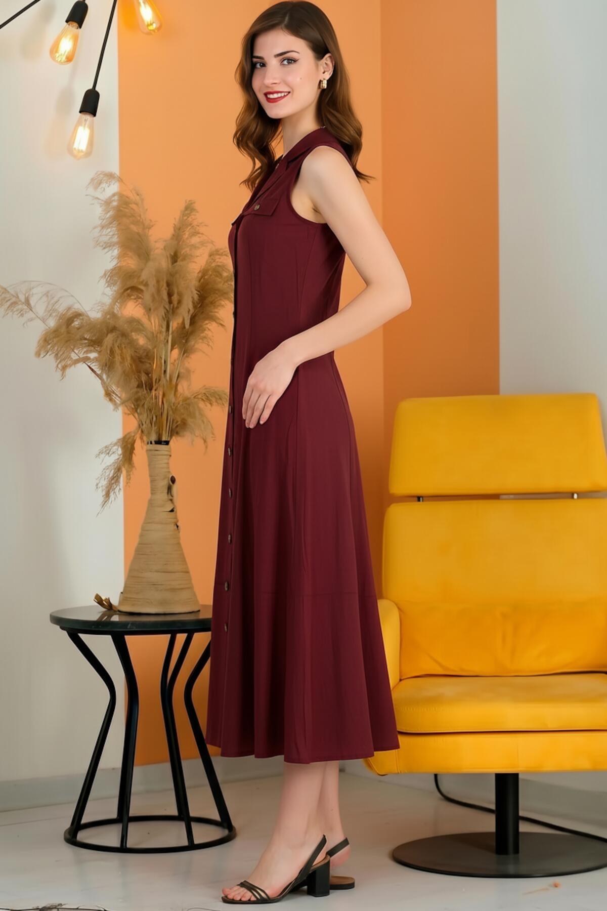 Button - Front Sleeveless Dress — Burgundy