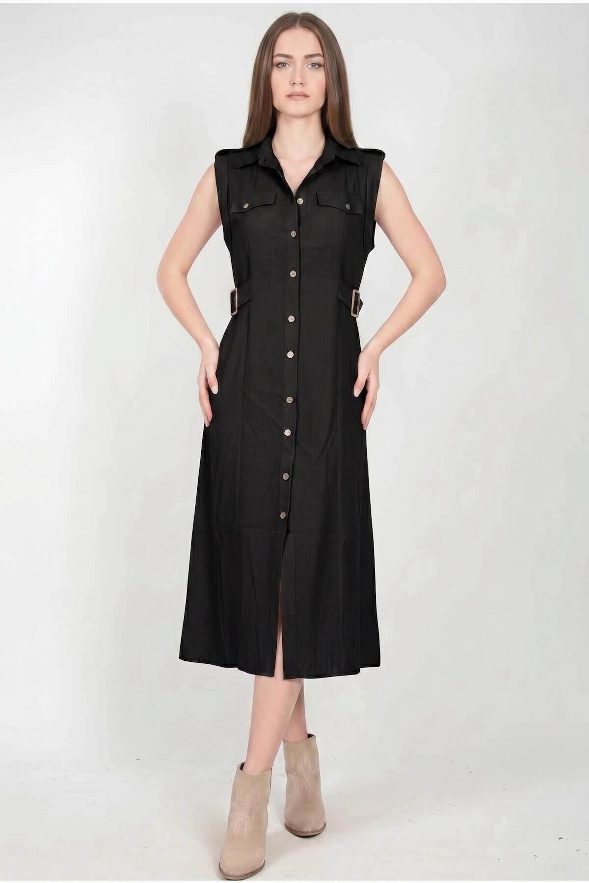 Black Shirt Dress With Flap Pockets And Shiny Front Buttons