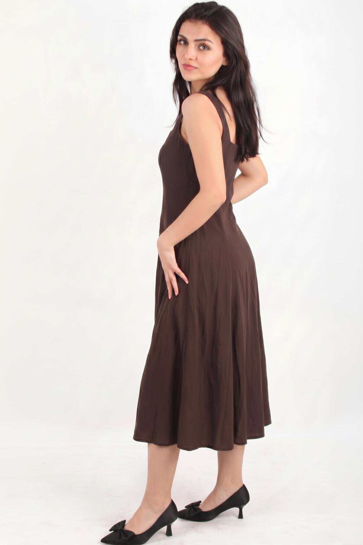 Square‑Neck Modal Dress — Brown