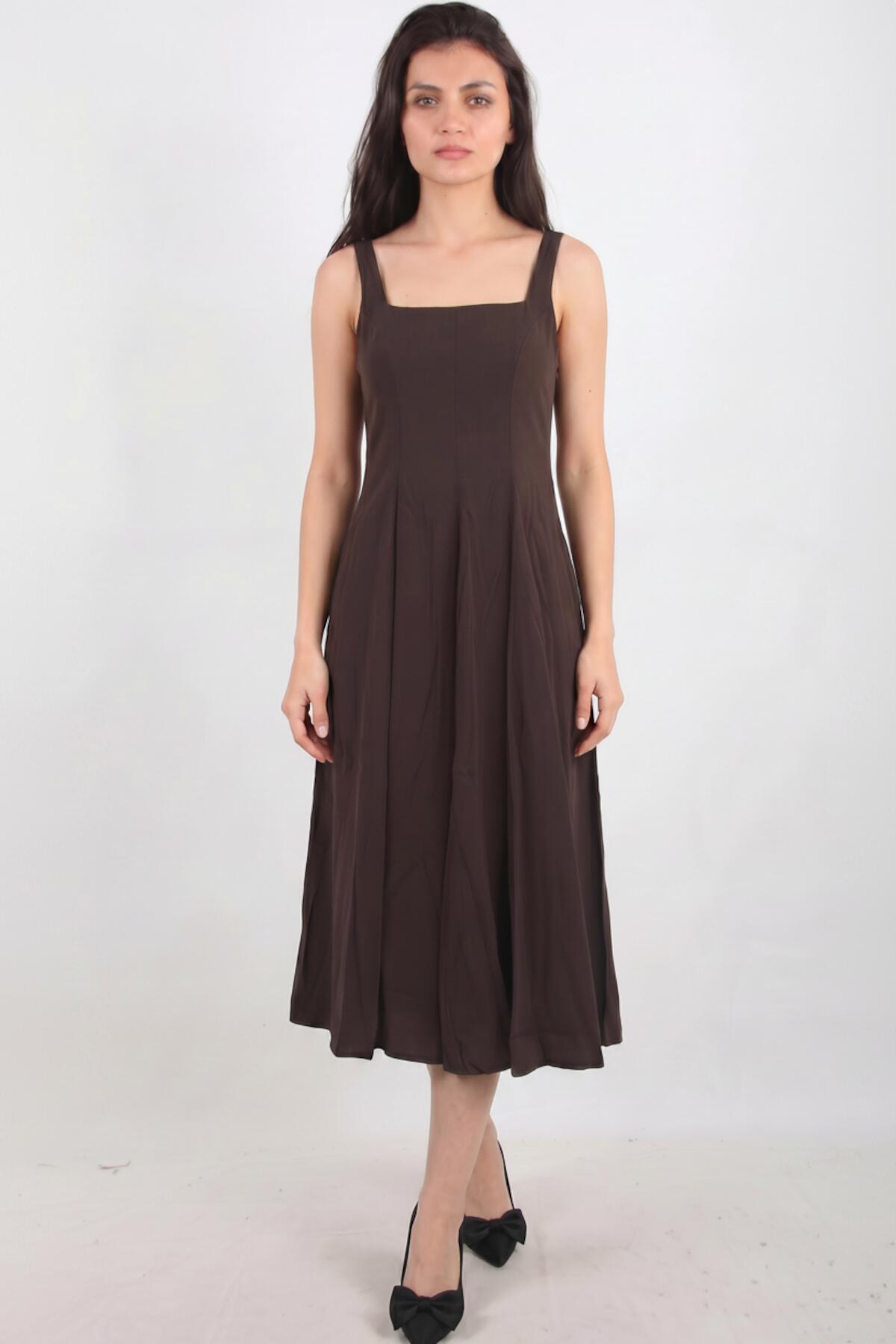 Square‑Neck Modal Dress — Brown