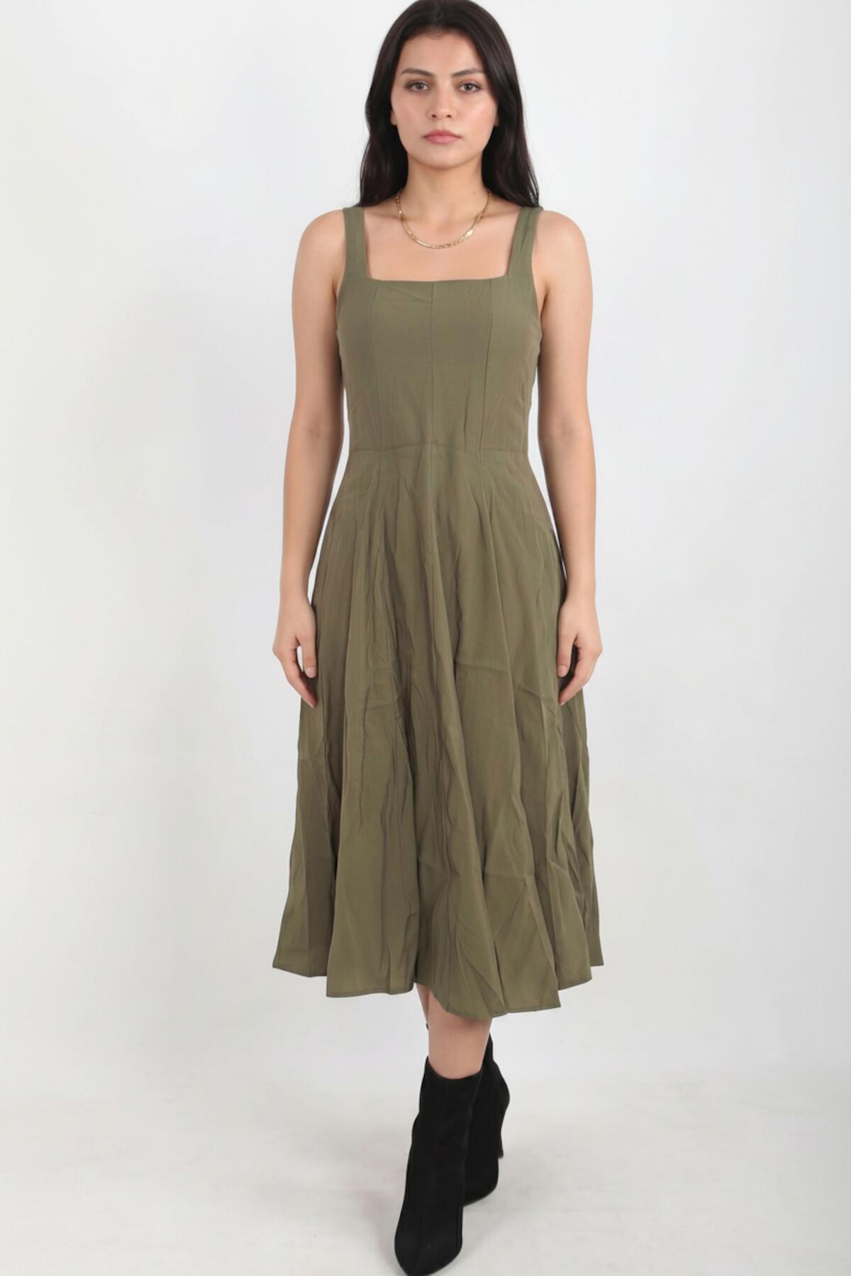 Square‑Neck Modal Dress — Khaki