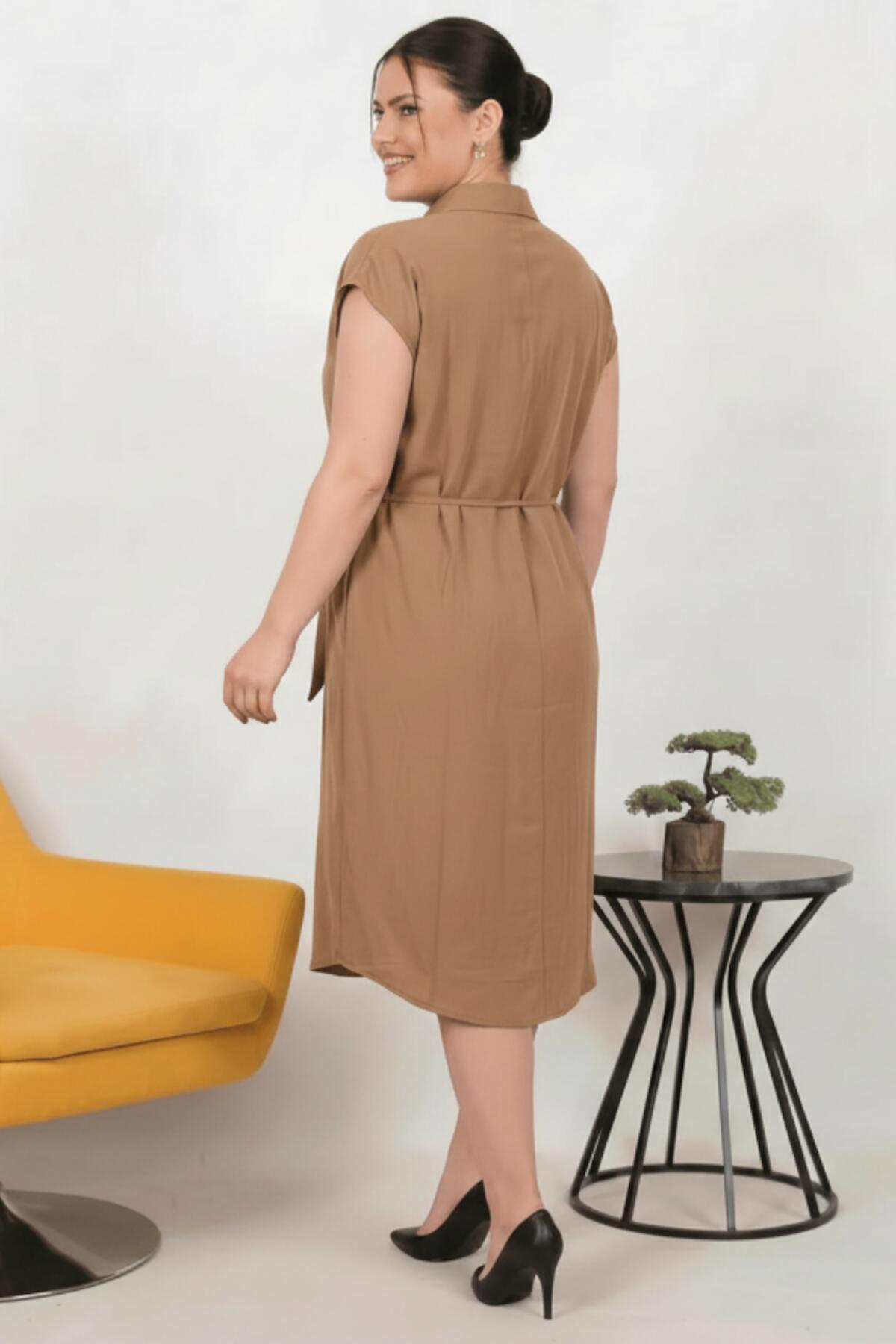 Plus - Size Modal Cupra Shirt - Collar Dress — Cognac