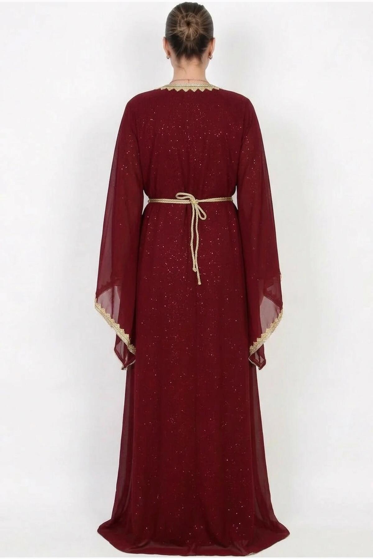 Embroidered Belted Dress — Burgundy